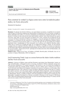 Para Construir La Verdad: La Lógica Como Nexo Entre La Tradición Judeo- Árabe Y La Visión Deleytable