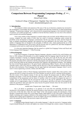 Comparison Between Programming Languages Prolog , C ++ , Pascal Ahmed Fadel Abbas Technical College of Management \ Baghdad‎‏ Dep