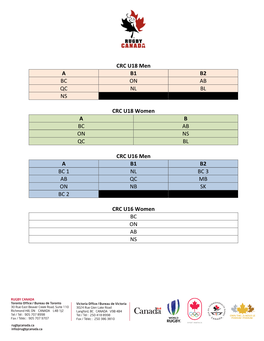 CRC U18 Men a B1 B2 BC on AB QC NL BL NS CRC U18 Women