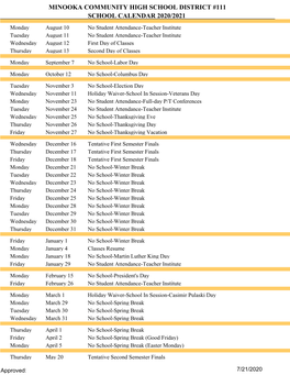 School Calendar List