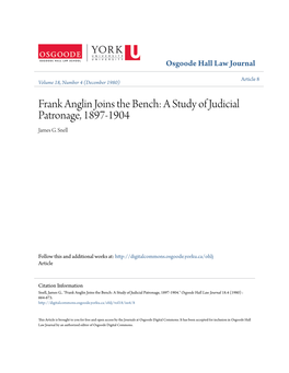Frank Anglin Joins the Bench: a Study of Judicial Patronage, 1897-1904 James G