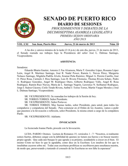 Senado De Puerto Rico Diario De Sesiones Procedimientos Y Debates De La Decimoseptima Asamblea Legislativa Primera Sesion Ordinaria Año 2013 Vol