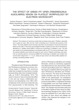 The Effect of Green Pit Viper (Trimeresurus Albolabris) Venom on Platelet Morphology by Electron Microscopy