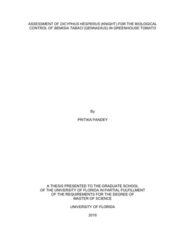 Assessment of Dicyphus Hesperus (Knight) for the Biological Control of Bemisia Tabaci (Gennadius) in Greenhouse Tomato