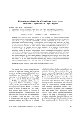 Helminth Parasites of the African Lizard Agama Agama (Squamata: Agamidae), in Lagos, Nigeria