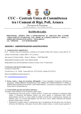 CUC – Centrale Unica Di Committenza Tra I Comuni Di Ripi, Pofi, Arnara Provincia Di Frosinone Cap