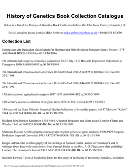 History of Genetics Book Collection Catalogue