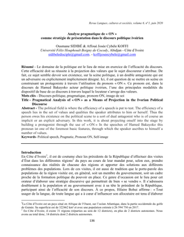 Analyse Pragmatique De « on » Comme Stratégie De Présentation Dans Le Discours Politique Ivoirien Ousmane SIDIBÉ & Affo