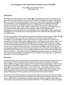 An Investigation of the Puget Sound Convergence Zone Using WES Doug Mcdonnal and Brad Colman WFO Seattle WA Intro