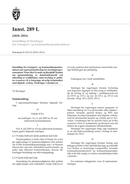 Innst. 289 L (2010–2011) Innstilling Til Stortinget Fra Transport- Og Kommunikasjonskomiteen