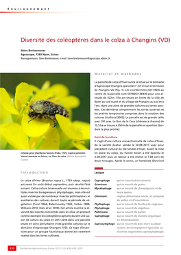 Diversité Des Coléoptères Dans Le Colza À Changins (VD)