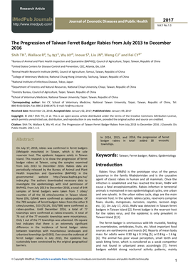 The Progression of Taiwan Ferret Badger Rabies from July 2013 to December 2016 Abstract Introduction Imedpub Journals