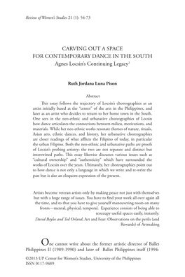 CARVING out a SPACE for CONTEMPORARY DANCE in the SOUTH Agnes Locsin’S Continuing Legacy1