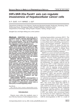 3011-3016-Hifs-Mir-33A-Twsit1 Axis Can Regulate Invasiveness Of