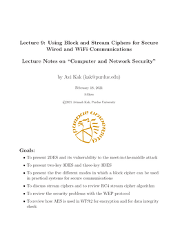 Lecture 9: Using Block and Stream Ciphers for Secure Wired and Wifi Communications