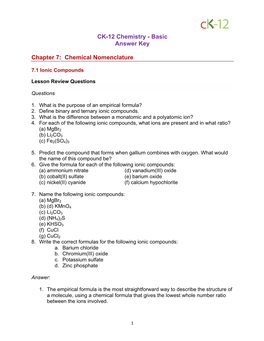 Basic Answer Key Chapter 7: Chemical