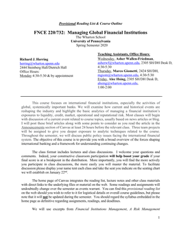 FNCE 220/732: Managing Global Financial Institutions the Wharton School University of Pennsylvania Spring Sem Ester 2020