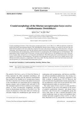 SCIENCE CHINA Cranial Morphology of the Silurian Sarcopterygian Guiyu Oneiros (Gnathostomata: Osteichthyes)