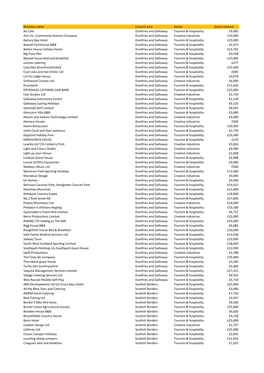 Business Name Council Area Sector Grant Amount Ae Cafe Dumfries and Galloway Tourism & Hospitality £9,985 Arts Inc