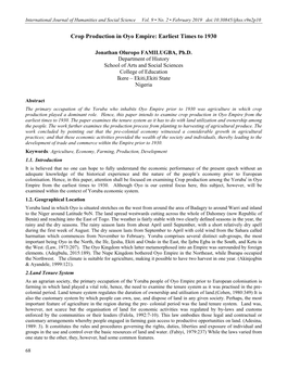 Crop Production in Oyo Empire: Earliest Times to 1930