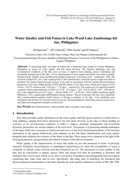 Water Quality and Fish Fauna in Lake Wood Lake Zamboanga Del Sur, Philippines