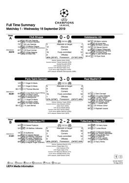 Full Time Summary Matchday 1 - Wednesday 18 September 2019