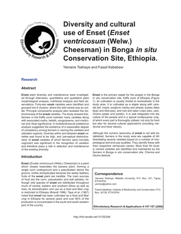 Diversity and Cultural Use of Enset (Enset Ventricosum (Welw.) Cheesman) in Bonga in Situ Conservation Site, Ethiopia. Yemane Tsehaye and Fassil Kebebew