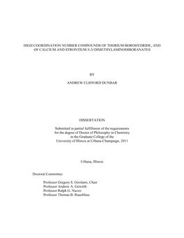 High Coordination Number Compounds of Thorium Borohydride, and of Calcium and Strontium �,� �Dimethylaminodiboranates