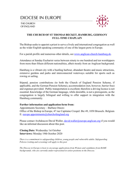 The Church of St Thomas Becket, Hamburg, Germany Full-Time Chaplain