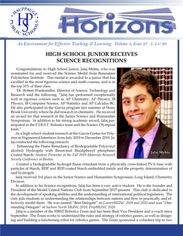 High School Junior Receives Science Recognitions