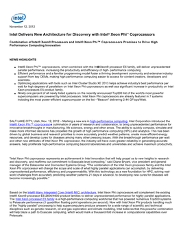 Intel Delivers New Architecture for Discovery with Intel® Xeon Phi™ Coprocessors