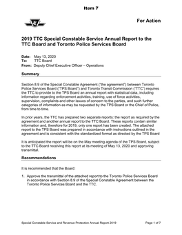 2019 TTC Special Constable Service Annual Report to the Toronto