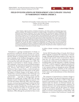 Field Investigations of Permafrost and Climatic Change in Northwest North America