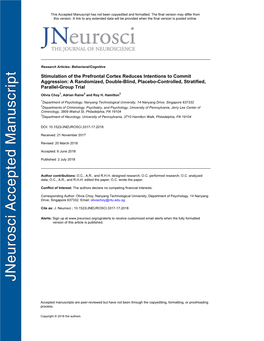 Stimulation of the Prefrontal Cortex Reduces Intentions to Commit Aggression: a Randomized, Double-Blind, Placebo-Controlled, Stratified, Parallel-Group Trial