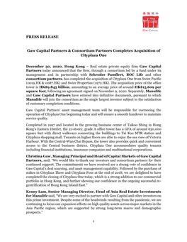 PRESS RELEASE Gaw Capital Partners & Consortium Partners