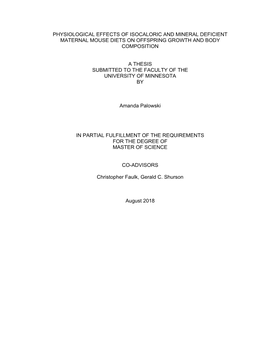 Physiological Effects of Isocaloric and Mineral Deficient Maternal Mouse Diets on Offspring Growth and Body Composition