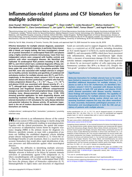 Inflammation-Related Plasma and CSF Biomarkers for Multiple Sclerosis