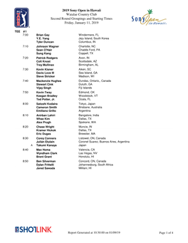 2019 Sony Open in Hawaii Waialae Country Club Second Round Groupings and Starting Times Friday, January 11, 2019