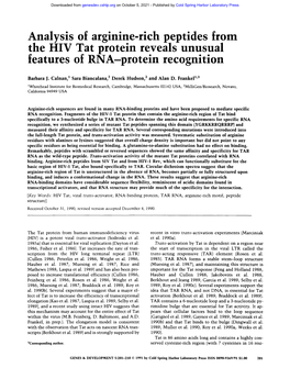 Analysis of Arginine-Rich Peptides from the HIV Tat Protein Reveals Unusual Features of RNA-Protein Recognition