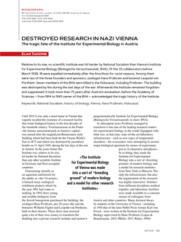 DESTROYED RESEARCH in NAZI VIENNA the Tragic Fate of the Institute for Experimental Biology in Austria