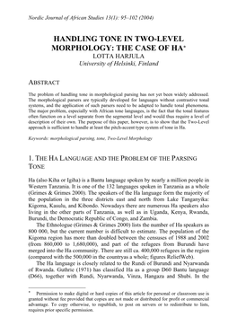 HANDLING TONE in TWO-LEVEL MORPHOLOGY: the CASE of HA* LOTTA HARJULA University of Helsinki, Finland