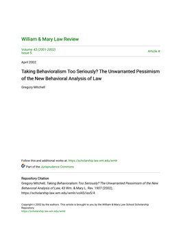 Taking Behavioralism Too Seriously? the Unwarranted Pessimism of the New Behavioral Analysis of Law