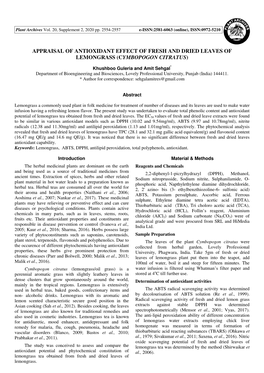 Appraisal of Antioxidant Effect of Fresh and Dried Leaves of Lemongrass (C Ymbopogon Citratus )