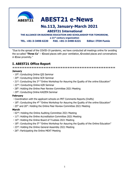 ABEST21 E-News No.113, January-March 2021 ABEST21 International the ALLIANCE on BUSINESS EDUCATION and SCHOLARSHIP for TOMORROW, a 21St Century Organization TEL