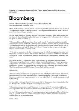 Porsche to Increase Volkswagen Stake Today, Make Takeover Bid, Bloomberg, 03/26/2007