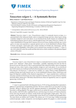 Tanacetum Vulgare L. – a Systematic Review Milica Aćimović 1,* and Nikola Puvača 2