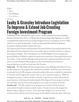 Leahy & Grassley Introduce Legislation to Improve & Extend Job-Creating Foreign Investment Program