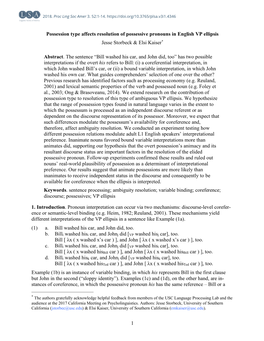 1 Possession Type Affects Resolution of Possessive Pronouns in English VP Ellipsis Jesse Storbeck & Elsi Kaiser* Abstract. T