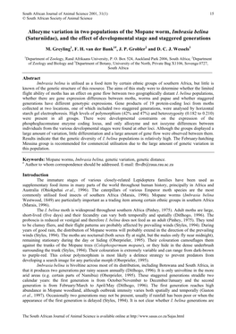 Allozyme Variation in Two Populations of the Mopane Worm, Imbrasia Belina (Saturniidae), and the Effect of Developmental Stage and Staggered Generations