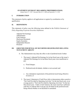 STATEMENT of POLICY REGARDING PREFERRED STOCK I. INTRODUCTION This Statement of Policy Applies to All Applications to Register B